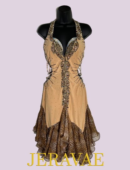Resale Artistry in Motion Sleeveless Halter Nude Latin Dress with Waist Cutouts, Leopard Print Skirt, and Beautiful Back Strap Design Sz S Lat214