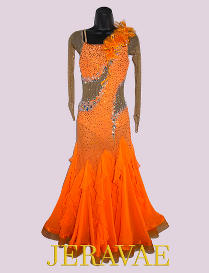 Resale Orange Ballroom Dress with Nude Long Mesh Sleeves, Waist Inserts, Stones, and Three-Dimensional Asymmetrical Ruffle Sz XS Smo500