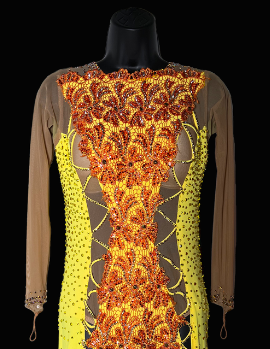 Resale Artistry in Motion Yellow Latin Dress with Orange Lace Applique, Swarovski Stones, Long Mesh Sleeves and Front Panels, and Slit Skirt Sz S Lat216