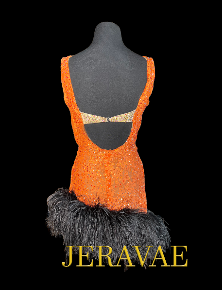 Sleeveless Orange Lace Latin Dress with Black Feather Hem, Deep Cowl Neckline, Stone Covered Bra, and Open Back Sz XS Lat182