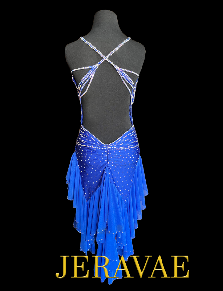 Sleeveless Blue Consignment Latin Dress with Asymmetrical Ruffle Skirt and Crystal AB Stones in Diamond Pattern Sz S Lat181