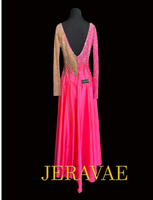 Hot Pink and Nude Long Sleeve Smooth Ballroom Dress with Semi-Open Back, Heavy Stoning on Bodice, and Soft Hem Sz S/M Smo211
