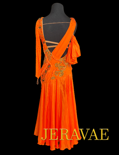 Resale Artistry in Motion Bright Orange Smooth Ballroom Dress with Gold Lace Appliqué, One Long Sleeve, Ruffle Detail, and Swarovski Stones Sz S Smo119