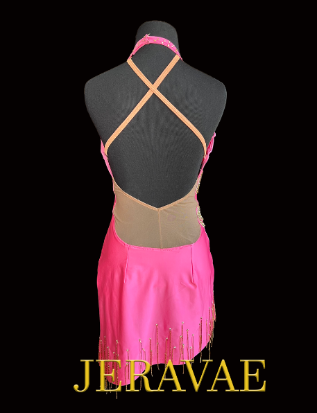 Pink Latin Dress with Halter Neckline, Gold Lace Appliqué, Stones, and Bugle Bead Tassels on Soft Hemline Sz M Lat185