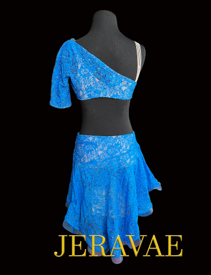 Blue Lace Latin Dress with Asymmetrical Neckline, One Half Sleeve, Side Slit in Skirt, Semi-Open Back, and Horsehair Hem, Sz S Lat186