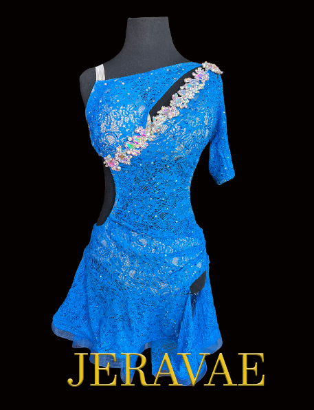 Blue lace Latin practice costume with one half sleeve and stones