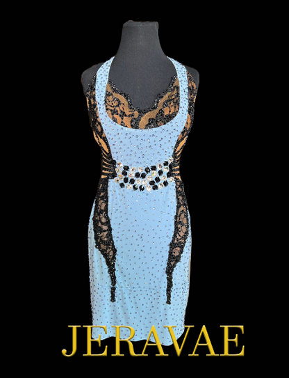 Resale Fiore Sleeveless Light Blue Latin Dress with Black Lace, Nude Mesh, and a Front Waist Detail of Black and Crystal AB Stones Sz S Lat180