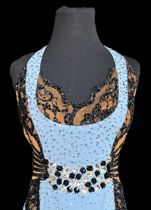 Resale Fiore Sleeveless Light Blue Latin Dress with Black Lace, Nude Mesh, and a Front Waist Detail of Black and Crystal AB Stones Sz S Lat180