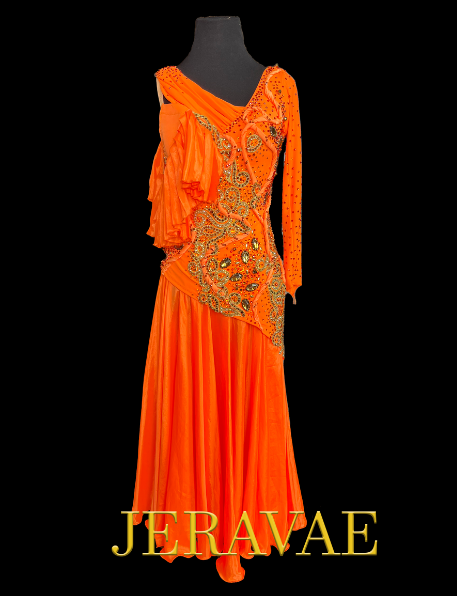 Resale Artistry in Motion Bright Orange Smooth Ballroom Dress with Gold Lace Appliqué, One Long Sleeve, Ruffle Detail, and Swarovski Stones Sz S Smo119