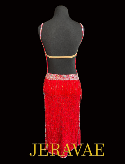 Red Lace Latin Dress with Thin Shoulder Straps, Stones, Open Back, and Bugle Bead Sz XS Lat188