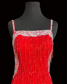 Red Lace Latin Dress with Thin Shoulder Straps, Stones, Open Back, and Bugle Bead Sz XS Lat188