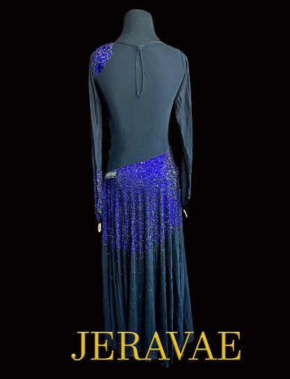 Long Sleeve Black Mesh Smooth Ballroom Dress with Heavy Blue Stoning, Side Cutouts, and Keyhole Back Sz S Smo212