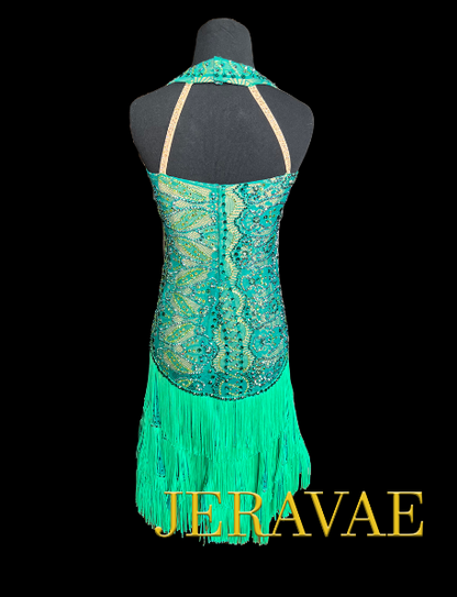 Resale Artistry in Motion Sleeveless Green Lace Latin Dress with Multiple Layers of Fringe in the Skirt, V-Neckline, and Swarovski Stones Lat178 Sz M