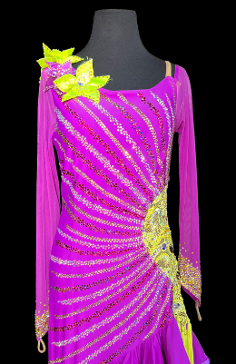 Purple Long Sleeve Latin Dress with Neon Yellow Flowers on One Shoulder, Lace, Fringe Tassels, and Stones in Sunburst Pattern Sz M Lat190