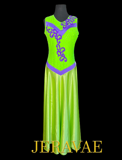 Neon Lime Green Sleeveless Smooth Ballroom Dress with Purple Lace Appliqué, Stones, Keyhole Back, and Soft Hem Sz S/M Smo213