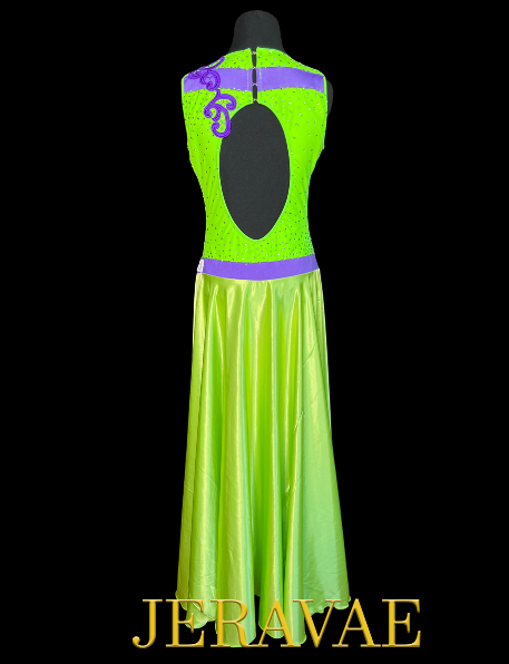 Neon Lime Green Sleeveless Smooth Ballroom Dress with Purple Lace Appliqué, Stones, Keyhole Back, and Soft Hem Sz S/M Smo213
