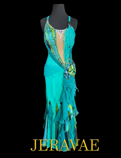Sleeveless Teal Smooth Ballroom Dress with Stones, Feathers, Green and Blue Gussets, Mesh Ruching, and Open Back Sz S Smo214