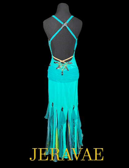 Sleeveless Teal Smooth Ballroom Dress with Stones, Feathers, Green and Blue Gussets, Mesh Ruching, and Open Back Sz S Smo214