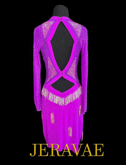 Purple Long Sleeve Latin Dress with V-Neckline, Crystal AB Stone Tassels, Side Slit in Skirt, and Semi-Open Back Sz XS Lat189