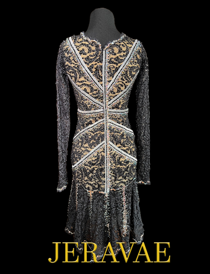 Resale Artistry in Motion Black Lace Latin Dress with Long Sleeves, Swarovski Stones, Nude Underlayer, and Silver Accents Sz S Lat191