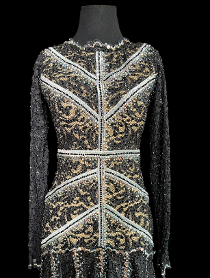 Resale Artistry in Motion Black Lace Latin Dress with Long Sleeves, Swarovski Stones, Nude Underlayer, and Silver Accents Sz S Lat191