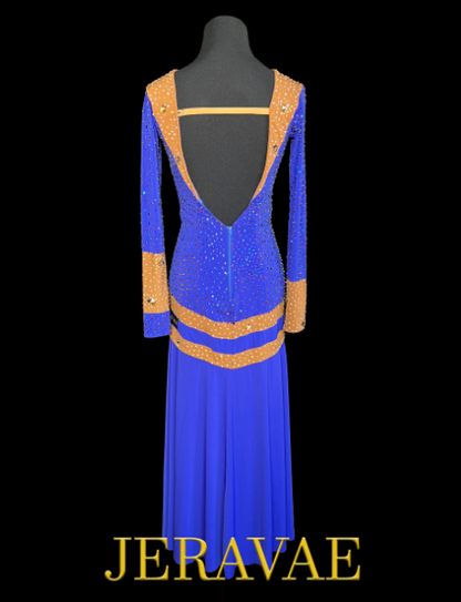 Deep Blue Long Sleeve Smooth Ballroom Dress with Caramel Accents, Stones, Soft Hem, and Semi-Open Back Sz S Smo215