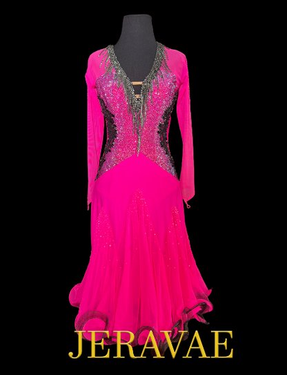 Hot Pink Long Sleeve Latin Dress with V-Neckline, Black Lace Appliqué, Swarovski Stones, Horsehair Hem, and Closed Back Sz S Lat192