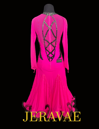 Hot Pink Long Sleeve Latin Dress with V-Neckline, Black Lace Appliqué, Swarovski Stones, Horsehair Hem, and Closed Back Sz S Lat192