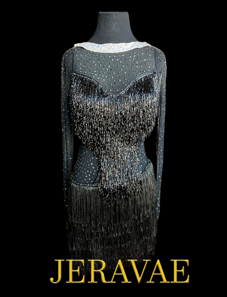 Black mesh Latin dress with bugle beads and layers of fringe