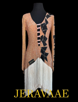 Nude Long Sleeve Latin Dress with Deep Plunging Neckline, Black Accents, Asymmetrical White Fringe Skirt, Swarovski Stones, and Closed Back Sz M/L Lat193