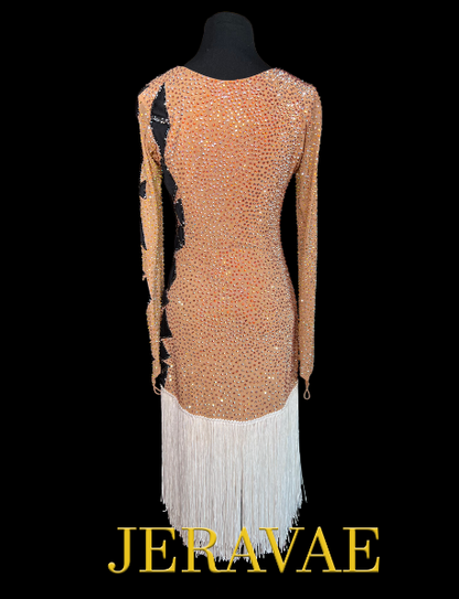 Nude Long Sleeve Latin Dress with Deep Plunging Neckline, Black Accents, Asymmetrical White Fringe Skirt, Swarovski Stones, and Closed Back Sz M/L Lat193