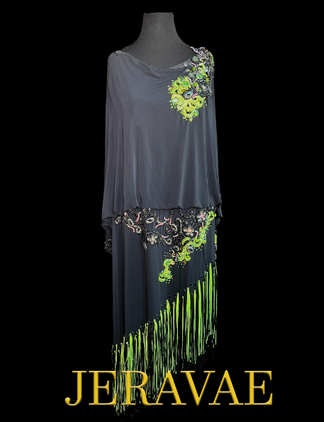 Resale Artistry in Motion Plus Size Black Latin Dress with Lime Neon Green Lace Appliqué and Fringe, Swarovski Stones, and Crisscrossing Straps on Back US Sz 22 Lat194