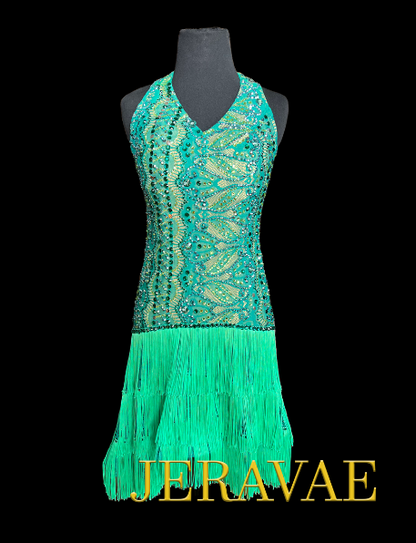 Resale Artistry in Motion Sleeveless Green Lace Latin Dress with Multiple Layers of Fringe in the Skirt, V-Neckline, and Swarovski Stones Lat178 Sz M
