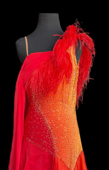 Sleeveless Red and Orange Ballroom Dress with Long Multi-Layered Chiffon Skirt, Attached Float, Feather Detail on One Shoulder, and Swarovski Stones Sz M Smo216