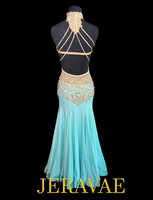 Sleeveless Mint Blue Smooth Ballroom Dress with Gold Lace Appliqué, Mesh Insert, High Halter Neck, Stones, and Straps on Back Sz XS Smo217
