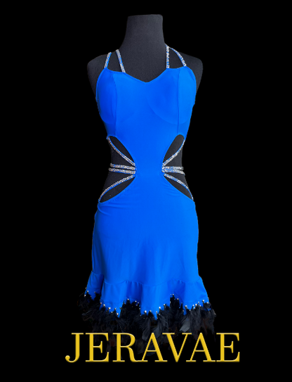Royal Blue Sleeveless Latin Dress with Side Cutouts, Black Feather Hem, and Beautiful Stoned Straps on Sides and Back Sz S Lat195