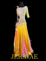 Yellow Smooth Ballroom Dress with One Half Sleeve, Side Cutout, Ruching and Flower Detail on Hips, Stones, and Feathers Sz S Smo218