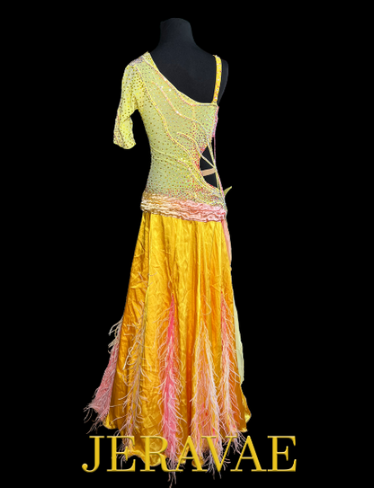 Yellow Smooth Ballroom Dress with One Half Sleeve, Side Cutout, Ruching and Flower Detail on Hips, Stones, and Feathers Sz S Smo218