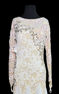 White Long Sleeve Smooth Ballroom Dress with Floral Lace Appliqué, Nude Underlayer, Stones, and Soft Chiffon Skirt Sz M Smo219
