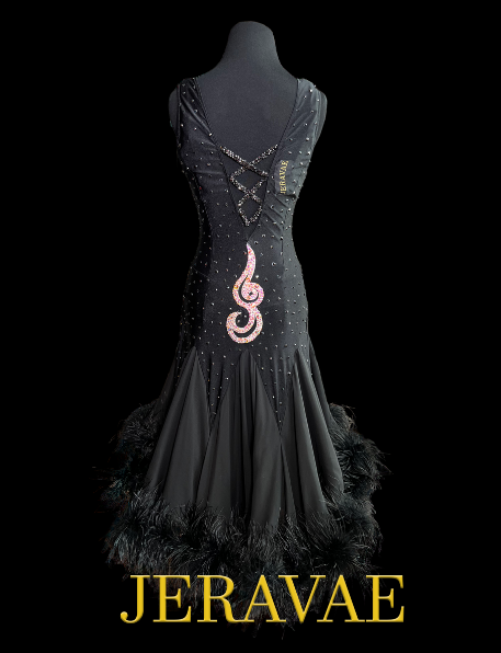 Sleeveless Black Latin Dress with V-Neckline, Cross Strap Details on Front and Back, Stones, and Feather Hem Sz S/M Lat197