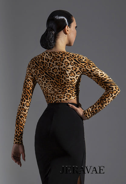Long Sleeve Crop Top Practice Top with Optional Gather Tie Available in Leopard Print or Floral PRA 607
