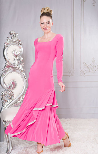 Rhinestone Long Sleeve Princess Cut Ballroom Dress with Square Neckline and Long Sleeves D203R