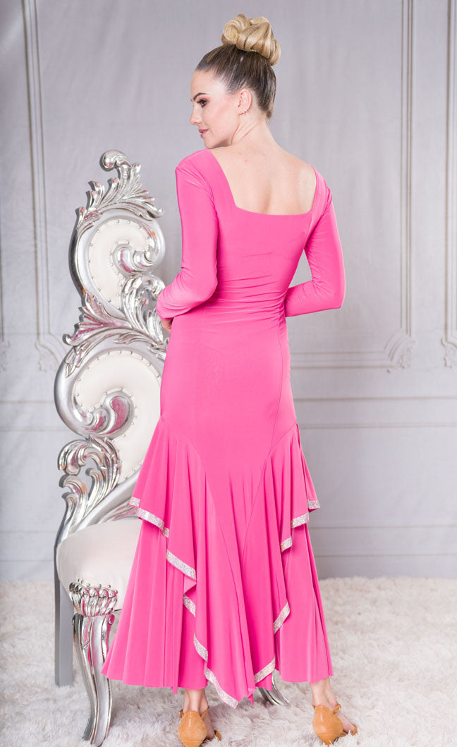 Rhinestone Long Sleeve Princess Cut Ballroom Dress with Square Neckline and Long Sleeves D203R