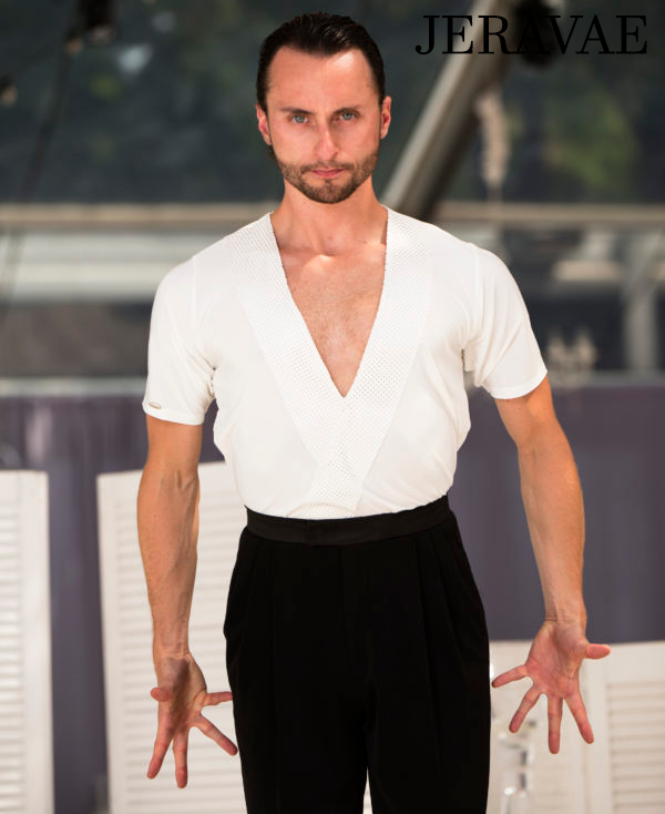 Senga Dancewear DIRAN Men's Short Sleeve Tuck Out Style Shirt with Deep V-Neckline Accented by Eco Leather Available in Cream and Black M072 in Stock