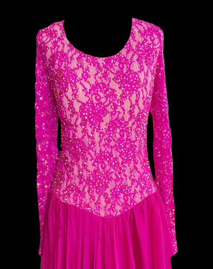Dark Pink Smooth Ballroom Consignment Dress with Lace Bodice and Long Sleeves, Scoop Neck, and Stoning Details Sz L Smo206