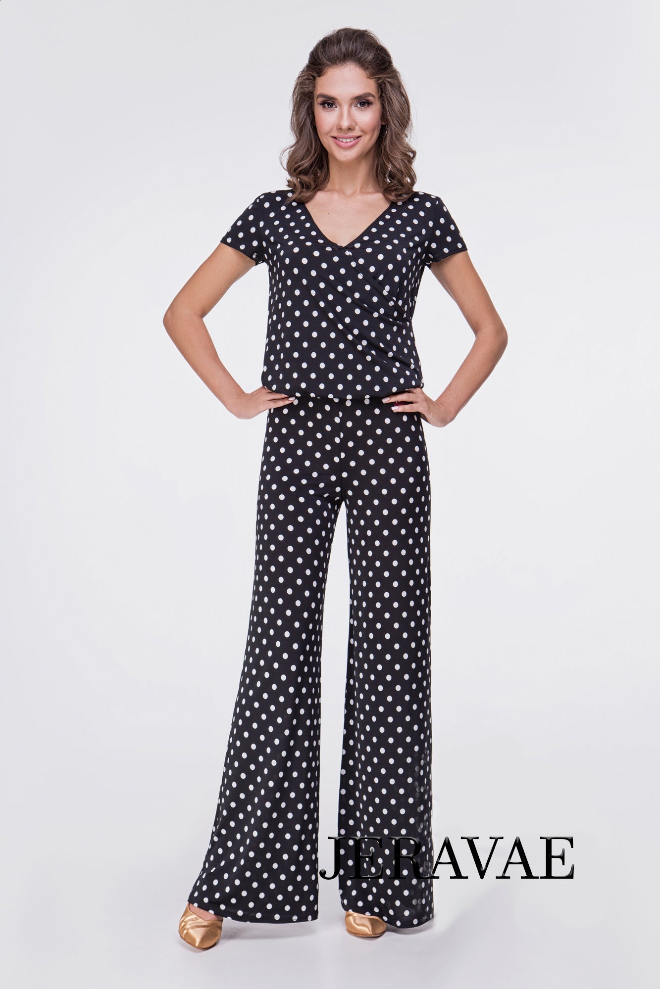 Polka Dot One Piece Ballroom or Latin Jumpsuit in Black and White with Short Sleeves
