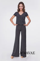 Adorable Polka Dot One Piece Ballroom or Latin Jumpsuit in Black and White with Short Sleeves and V-Neck Pra554