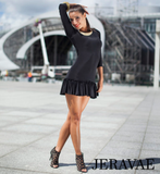Senga Dancewear EISA Short Black Latin Practice Dress with Cut Out Back, Long Sleeves, and Ruffle Skirt Pra979 in Stock