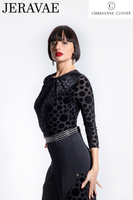 Chrisanne Clover B01 Black Velvet Polka Dot Bodysuit with 3/4 Length Sleeves and Pleated Front Collar Pra929 in Stock