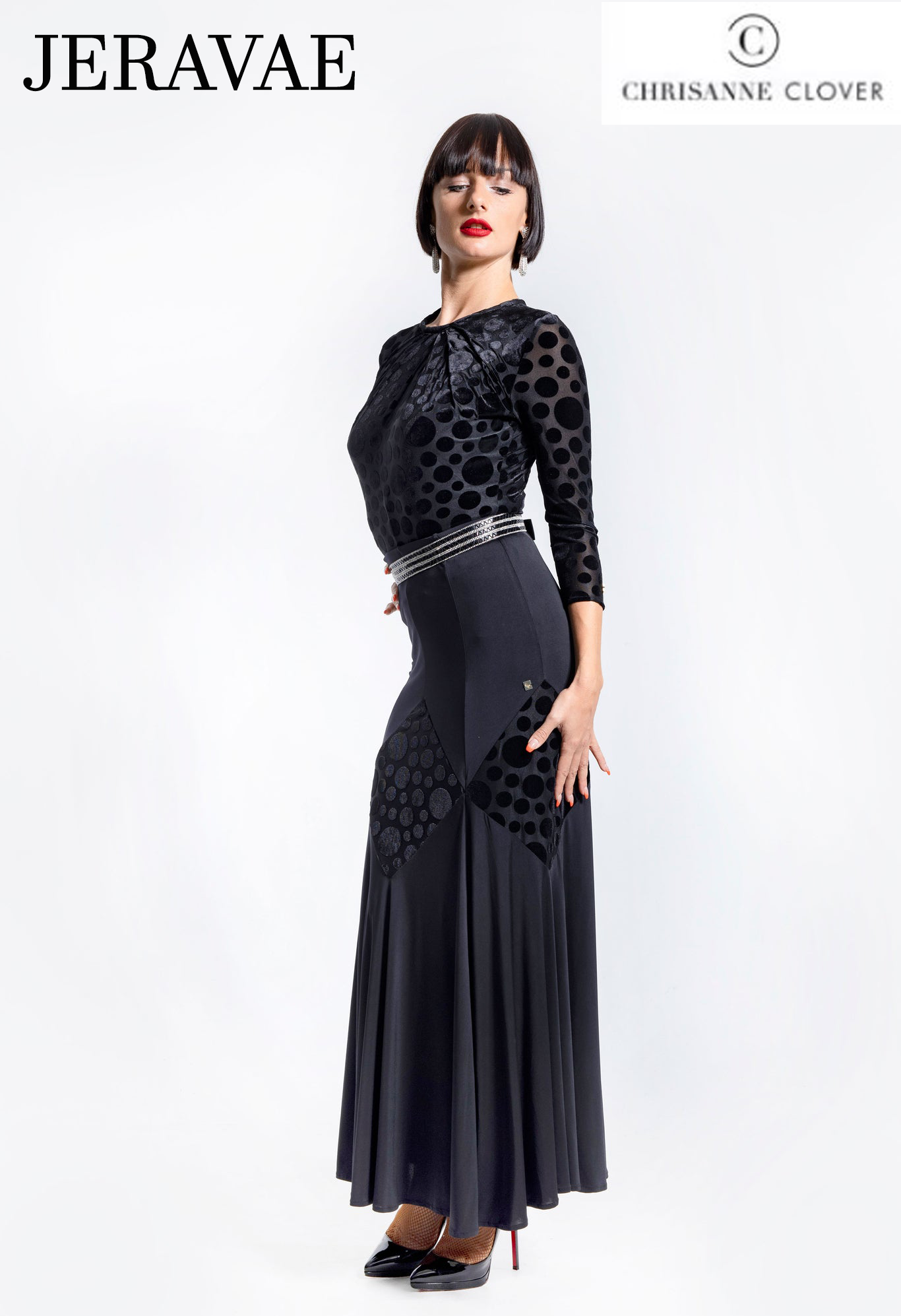 Chrisanne Clover B01 Black Velvet Polka Dot Bodysuit with 3/4 Length Sleeves and Pleated Front Collar PRA 929 in Stock